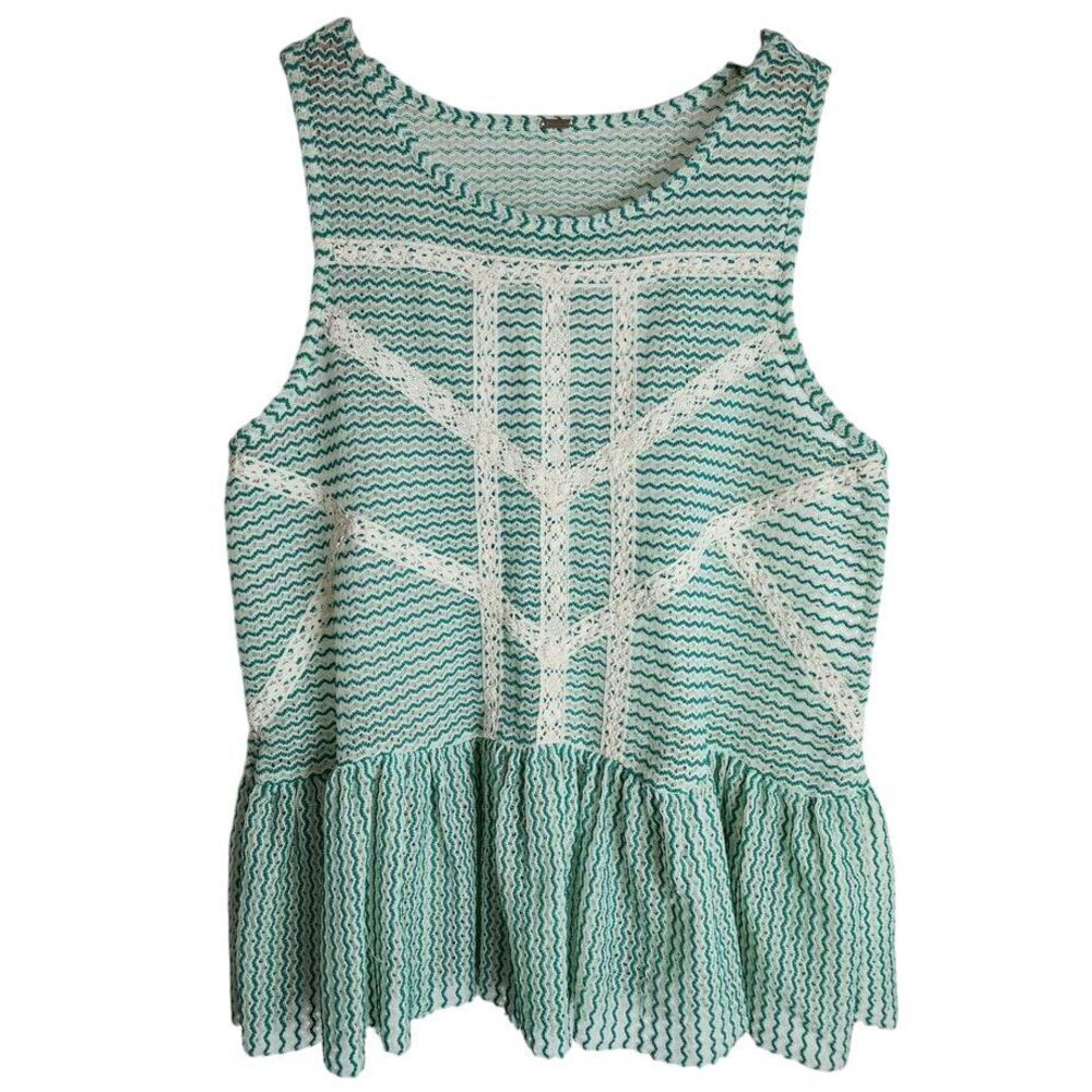 Free People Blouse‎ Top Women's XS Sleeveless Knit Peplum Green Cream
